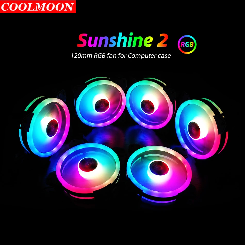 Coolmoon Sunshine 2 Factory Price PC RGB fan cooler Controller RF remote control Double aperture computer case 120mm rgb fan