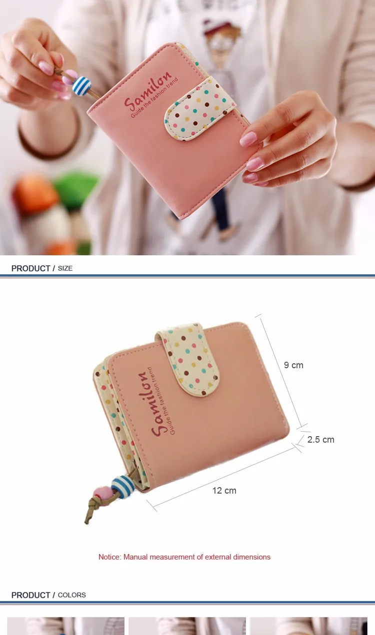 Fashion Candy Colors Women Wallets Short Polka Dots Leather Zipper