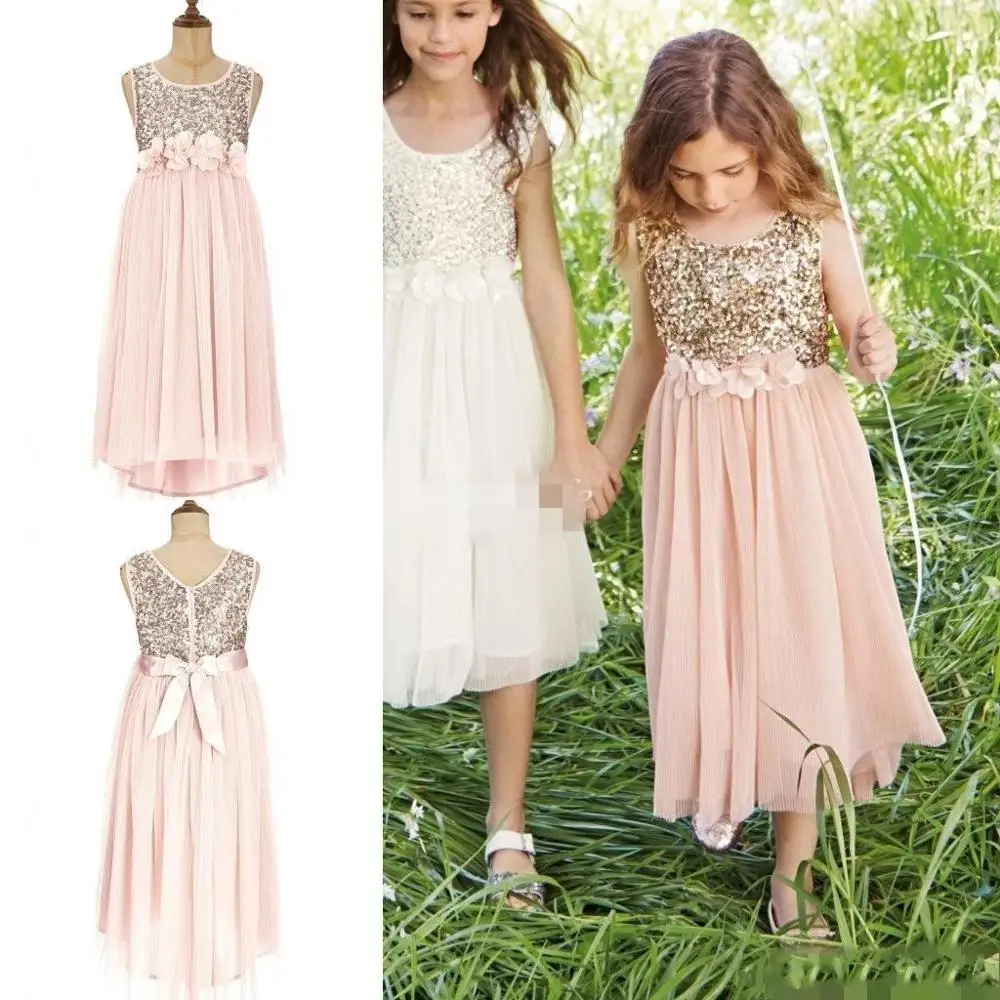 ZH0841X 2019 Blush Flower Girls Dresses Gold Sequins Hand Made Flower Sash Tea Length Tulle Jewel A Line Kids Formal Dress