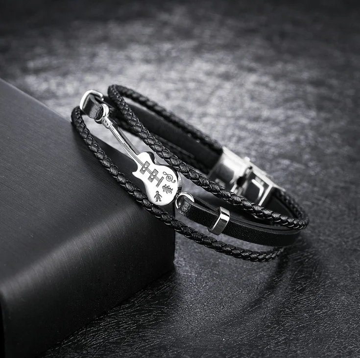 Trendy Stainless Steel Music Festival Guitar Men Leather Rope Bangle Bracelet