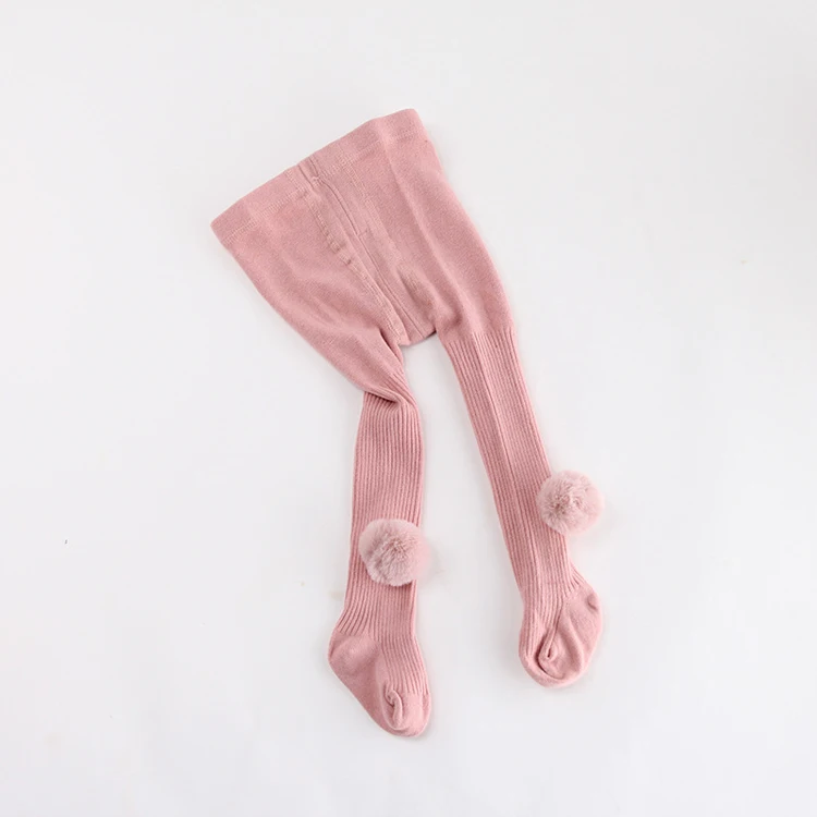 LRTOU Wholesale Cute High Quality Baby Girls Tights With Pom Pom Plain Cotton Knitting Ribbed Kids Pantyhose Tights