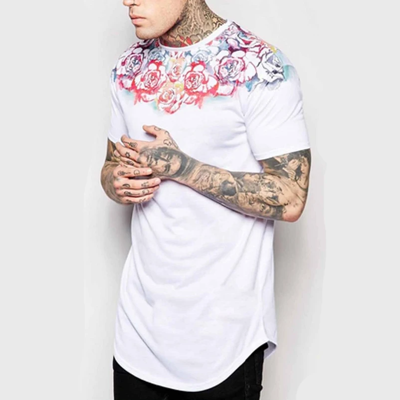 Longline cutting anti-shrink unique cotton short sleeves multiple rose printing curved hem t shirt