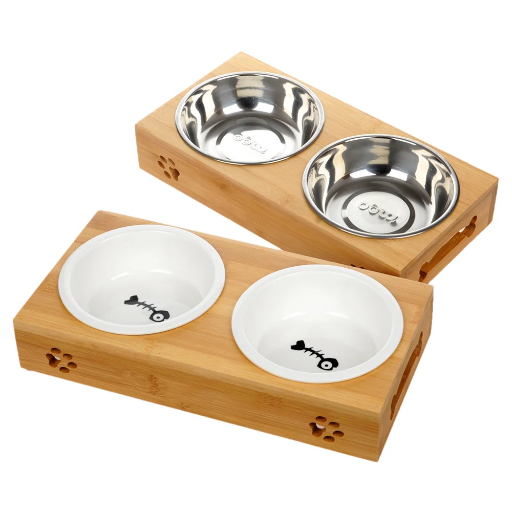 Pet Food Bowl Cat shape Wooden Stand Bamboo Stand With Ceramic Bowl for Small Animal Puppy and Cat