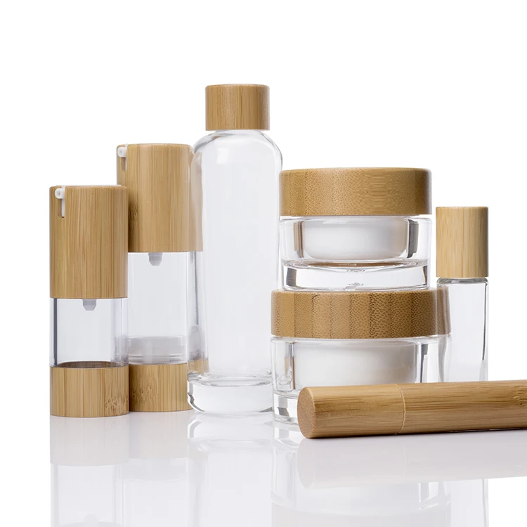 luxury 10g 15g 20g 30g 50g high end cosmetic packaging bamboo bottle bamboo jar set with bamboo lid