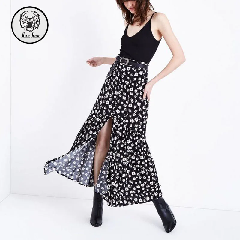 Custom Elegant Skirt for Women Summer Long Chiffon Skirt with Empire Side Slit Floral Maxi Skirt