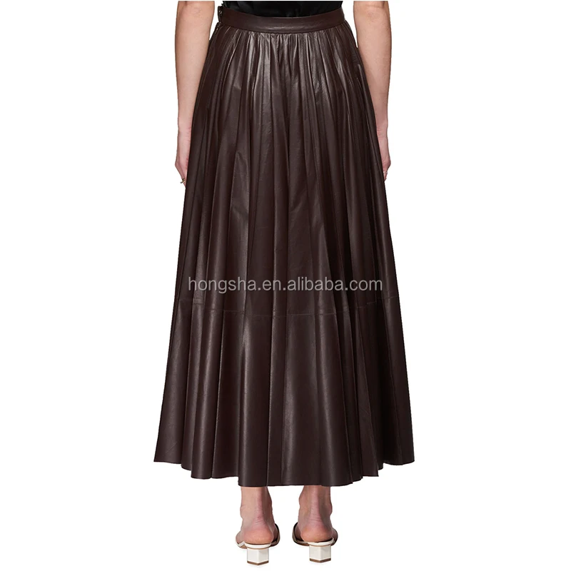 Latest Women Pleat Maxi Skirt A-Line Design Long Leather Skirt