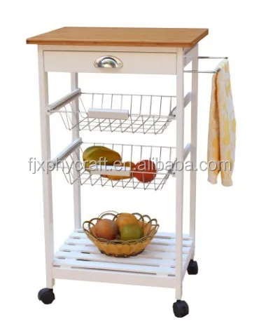 bamboo top kitchen serving trolley cart with storage baskets