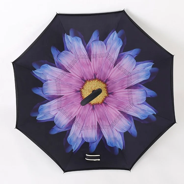 Wholesale Double Layer Pongee Fabric Manual Open Reverse Inverted Umbrella with C-Shape Handle Floral Design for Adults