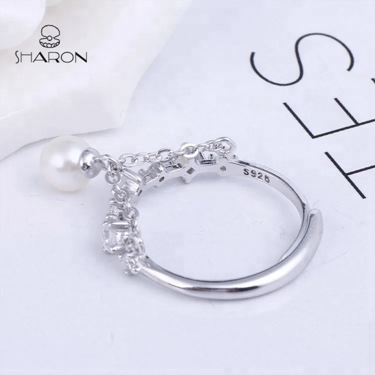 Beautiful Wholesale Women Jewelry Friendship Freshwater Hanging Pearl Sterling Silver Adjustable Ring