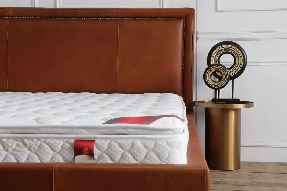 vintage brown leather europe style hotel project  high headboard  king size bed