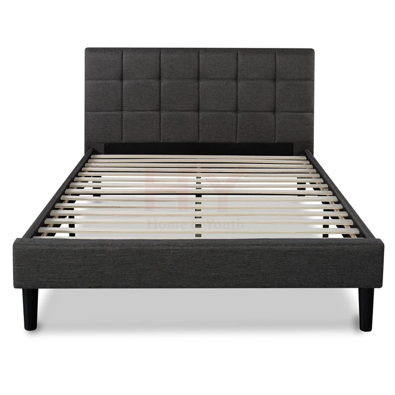 Upholstered Square Stitched Platform Bed with Wooden Slats