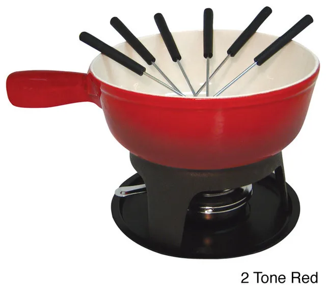 High quality Enamel fresh butter fondue with forks cast iron chocolate Fondue set for Party