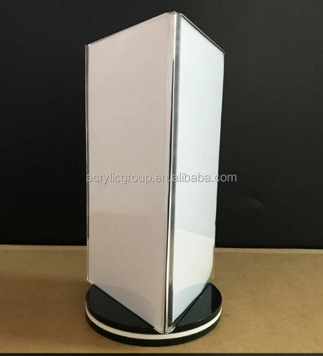 2018 Shenzhen Factory Acrylic Restaurant Table Card Holder Rotating Triangle Menu Display Holder