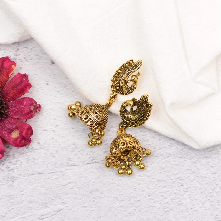 Fashion Gold Peacock Design Earrings Metal Antique Gold Plating Indian Jhumka Earring Jewelry