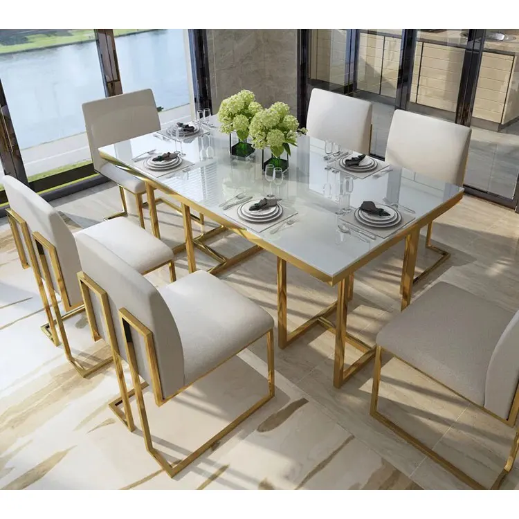 Прямая продажа с завода, современный обеденный стол с мраморной столешницей и рамой из нержавеющей стали золотого цвета для 6 стульев