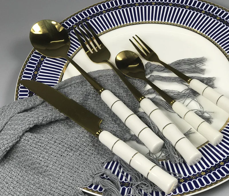 Eco Friendly Flatware Sets Fork Knife Spoons With Custom Ceramics Handle Cutlery Tableware Set For Western Food Dinnerware