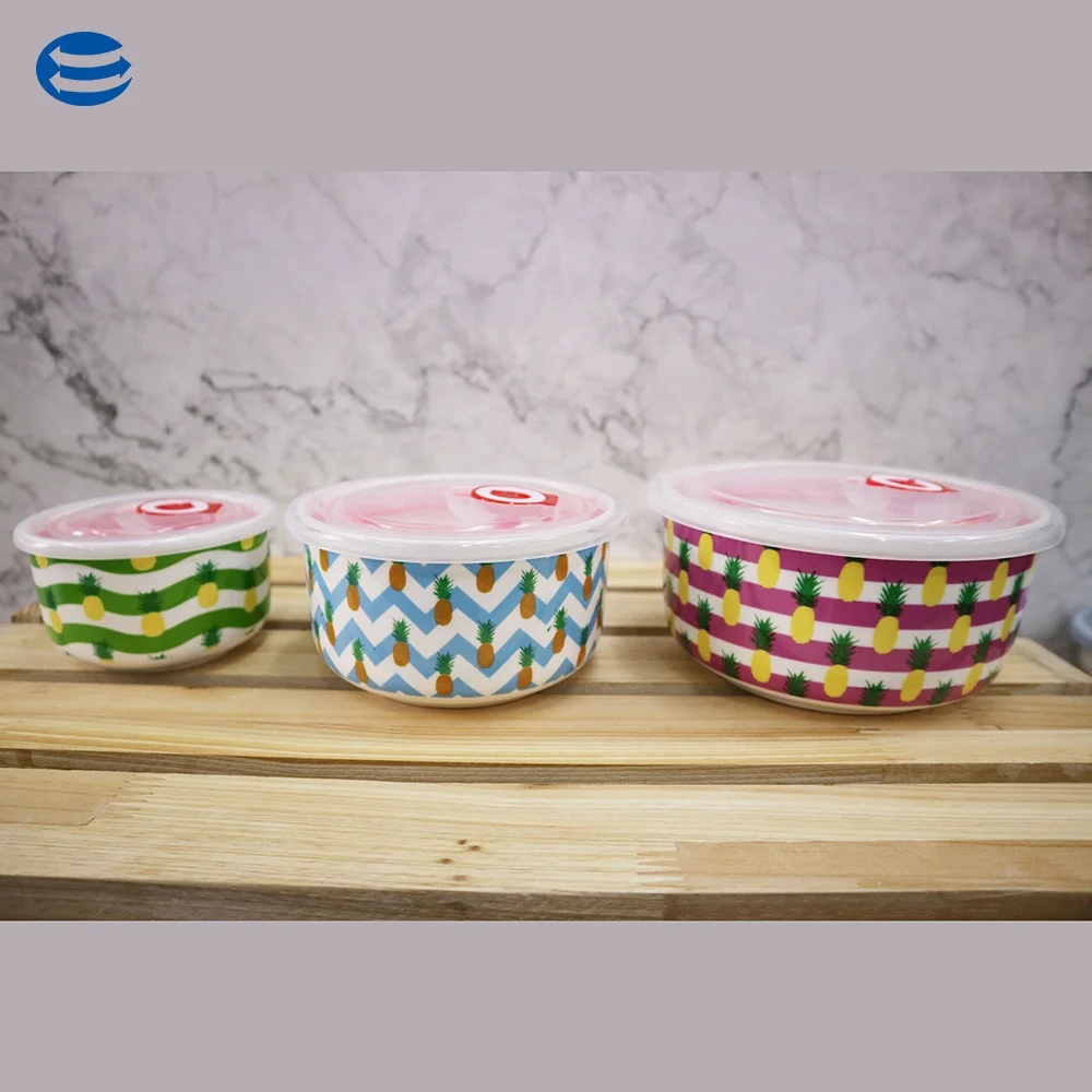 
Hot sale set of 3 ceramic round fresh bowl porcelain Soup Bowl Fruit lunch box With Cover 
