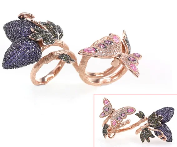 Fashion jewelry 925 silver butterfly flower cz rings Snake-shaped gold-plated silver rings insect-shaped fashionable ring