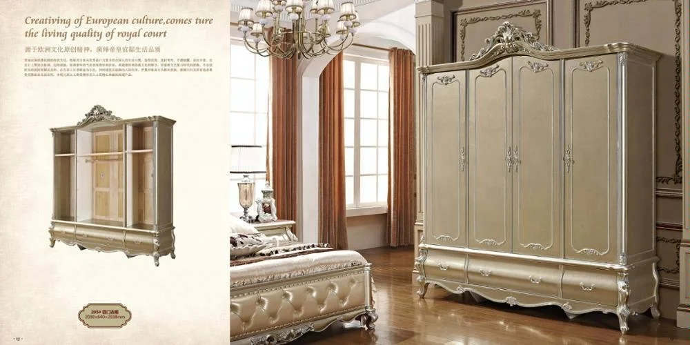 Classical style hand made carving champagne silver luxury king size bedroom furniture set
