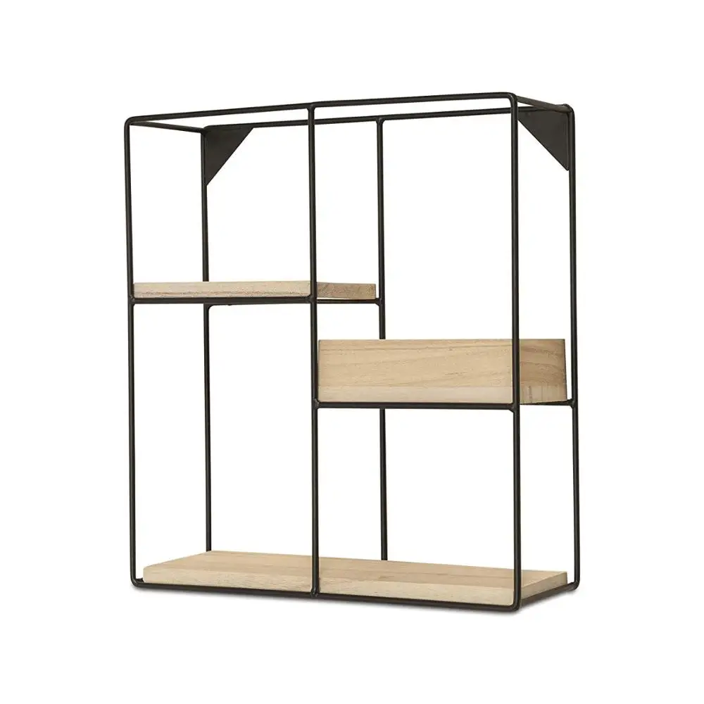 Large Modern Decorative Floating Wall Shelves with Black Metal Frame  Rustic Brown Wood