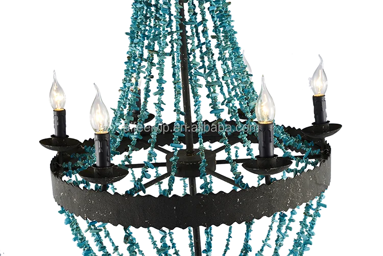 
2017 hot sale handmade blue stone new design large rustic beaded classic candle chandelier for dining room or hotel 