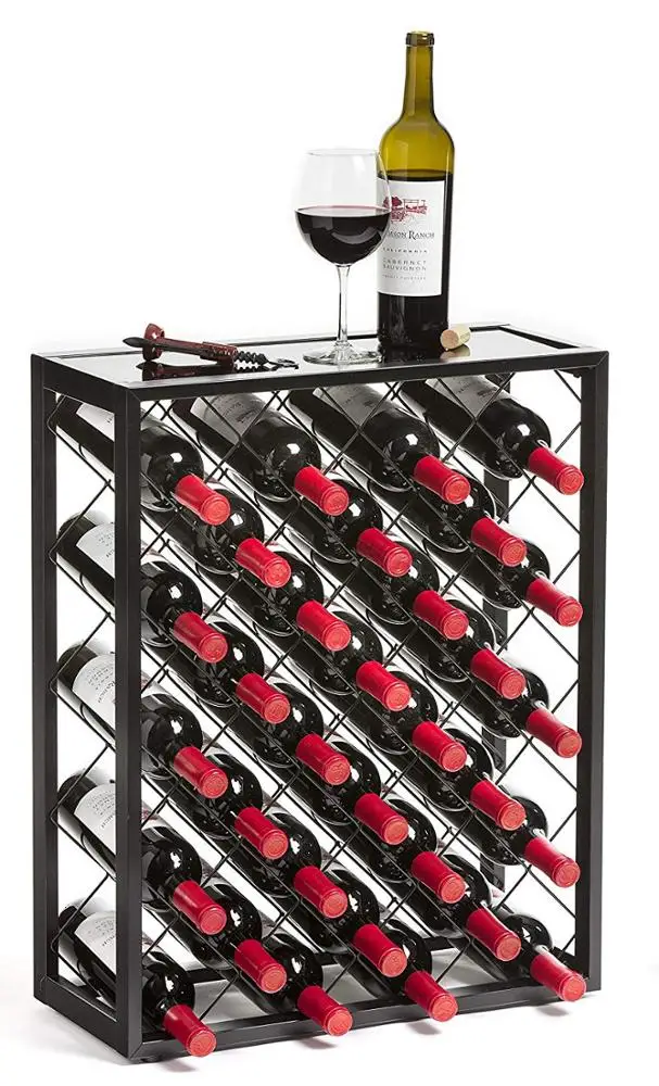 
Free Standing Red Wine Storage Display Rack Mango Steam 32 Bottle Wine Rack with Glass Table Top, Black Corner Display 