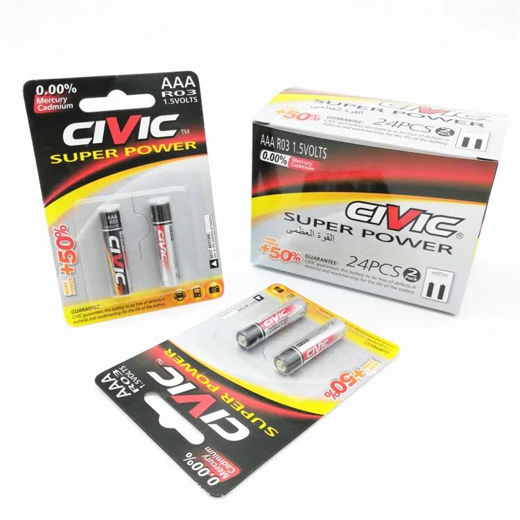 R03 UM4 Dry Battery AAA 1.5V Zinc Carbon for Remote Control Blister Card Civic 30 Mins