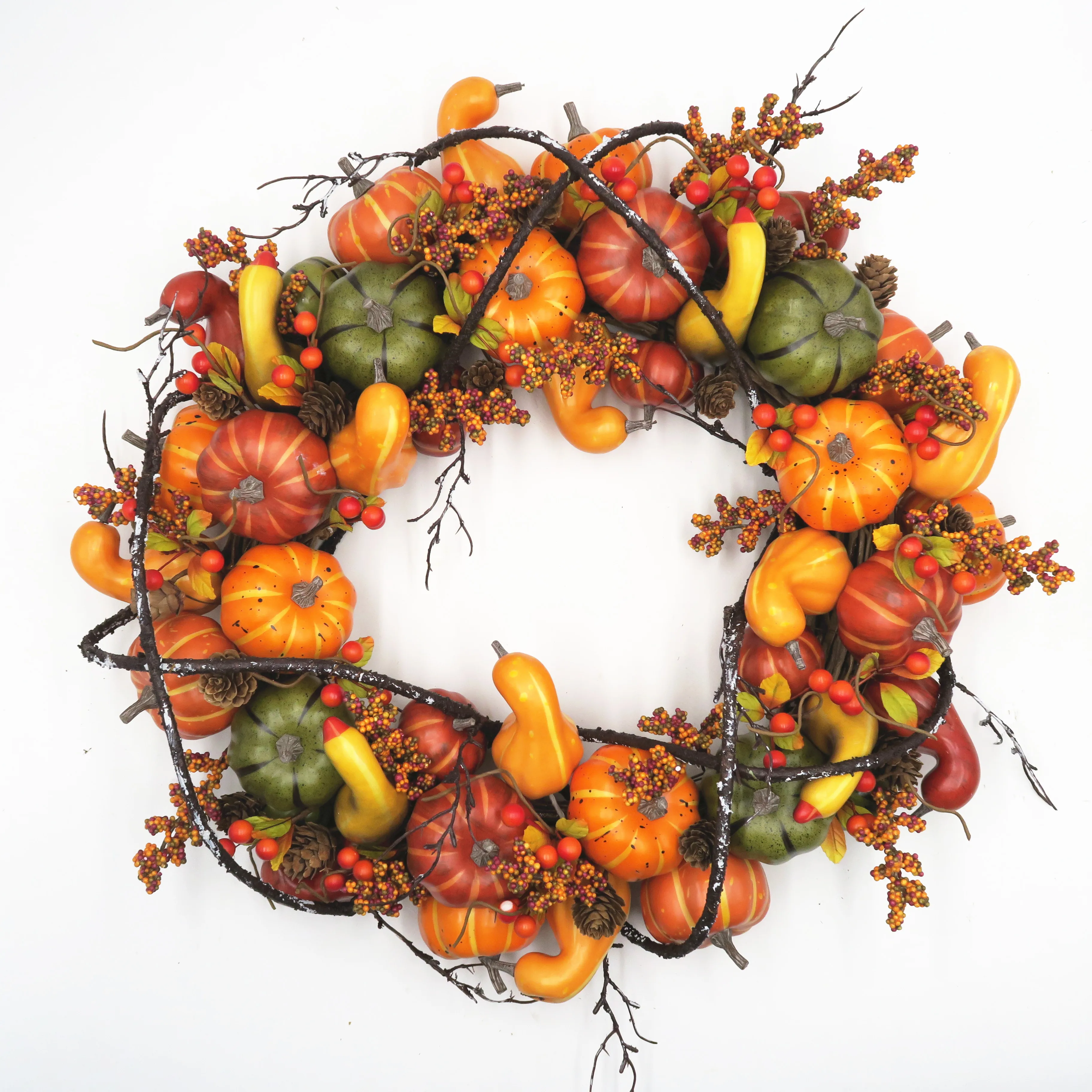 Fall autumn golden pumpkin wreath with berry for harvest and door decoration