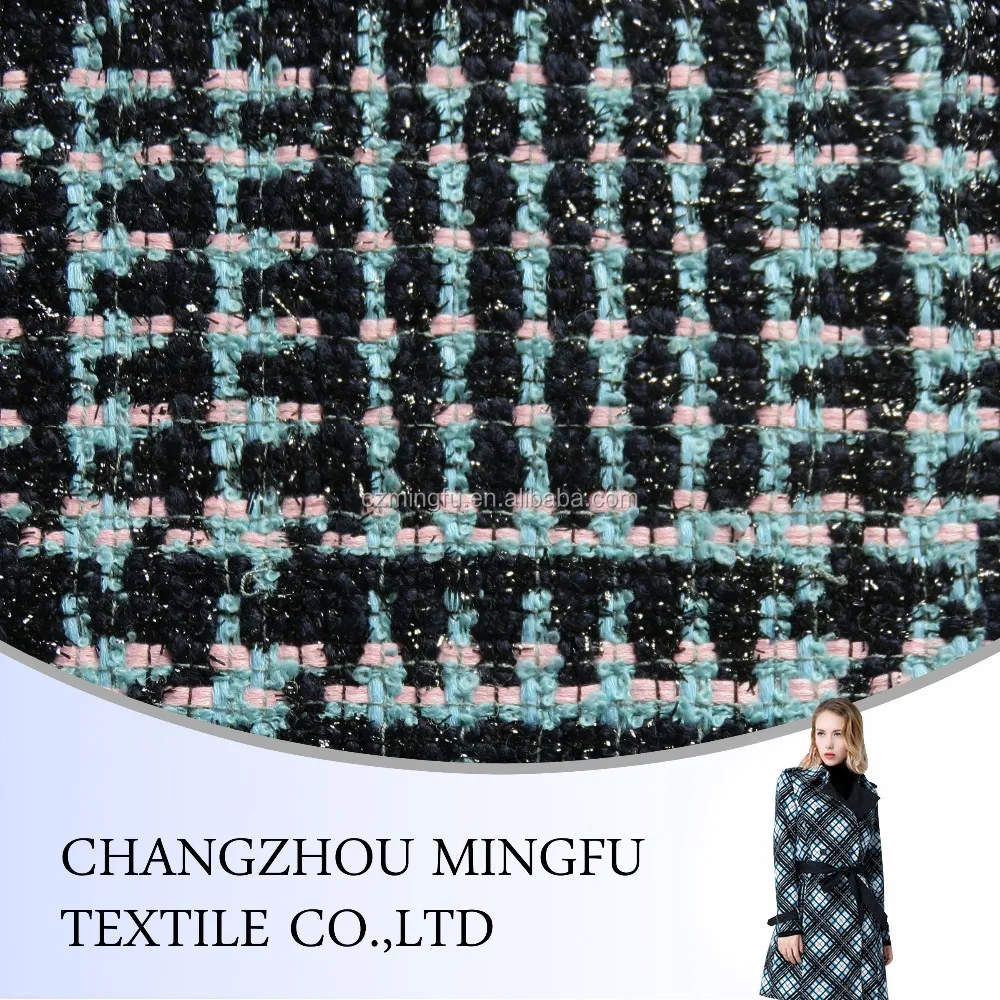 
Wool/Polyester/Acrylic woolen black white green jacquard tweed fabric for winter 