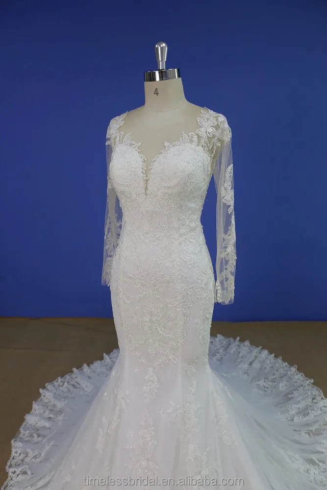 Illusion nude sheer lace top deep neckline mermaid wedding dress brush train