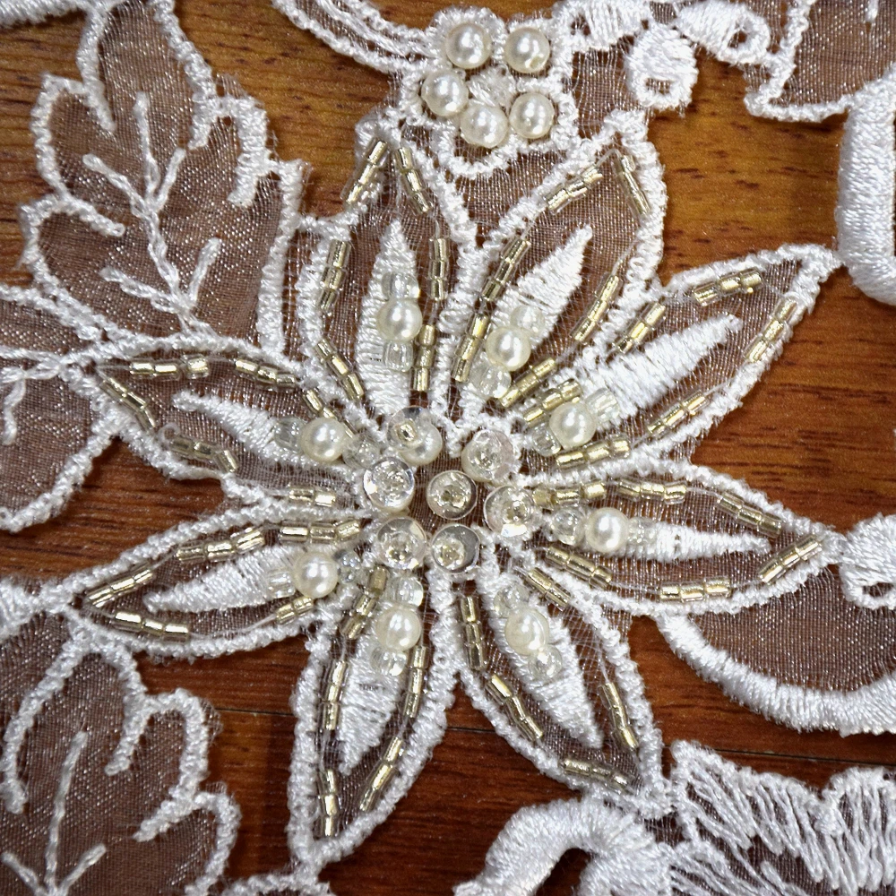 New design french white organza hand cut 3d sequin lace fabric beads bridal with pearls for wedding lace dress fabric HY0844-3