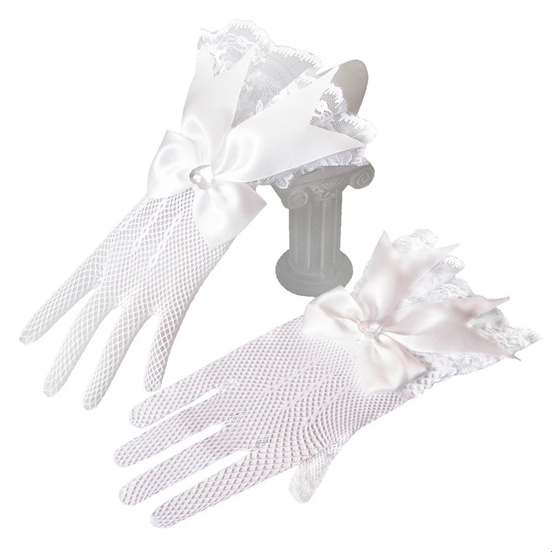 
bridal accessories Wholesale summer wrist length mesh fabric lace gloves with bows for ladies 