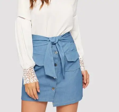 newest jean mini skirt button front knot skirt