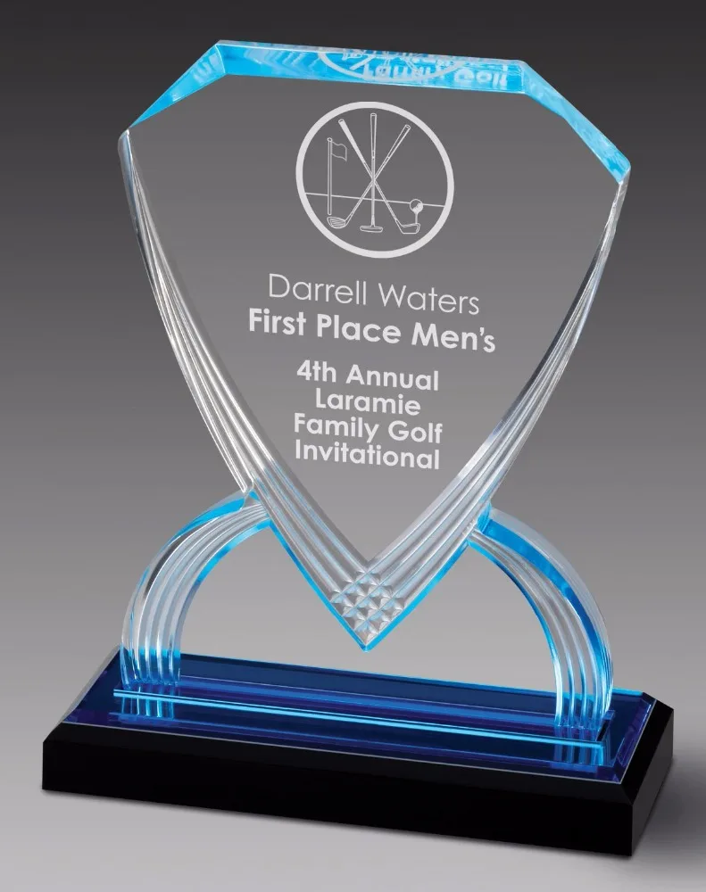Customizable Transparent 8-3/4 Inch Acrylic Shield Trophy Clear Crystal Medals and Trophies with Black Base