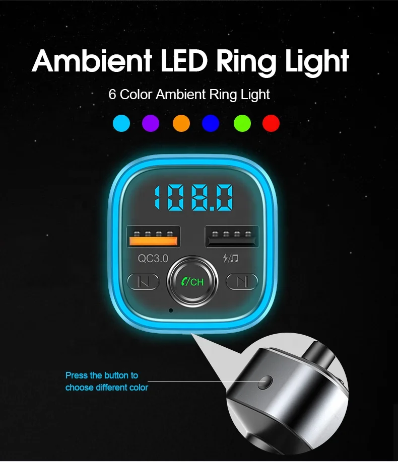 AGETUNR T32 Bluetooth V5.0 автомобильный комплект U диск/SD карта QC3.0 зарядное устройство Громкая связь стерео FM-передатчик MP3-плеер световой