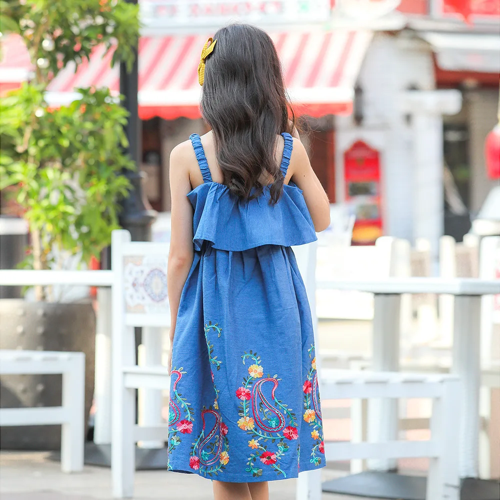 Vintage Teen Girls Summer Casual Dress Blue cowboy embroidery kids girl dress