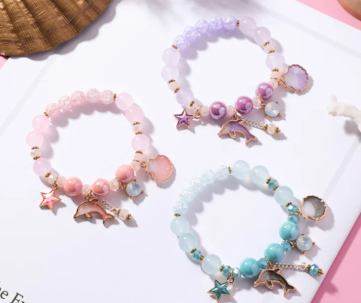 Ocean Sealife Charm Stretch Bead Bracelets Jewelry Girls Shell Moon Star Rabbit Glass Crystal Beads