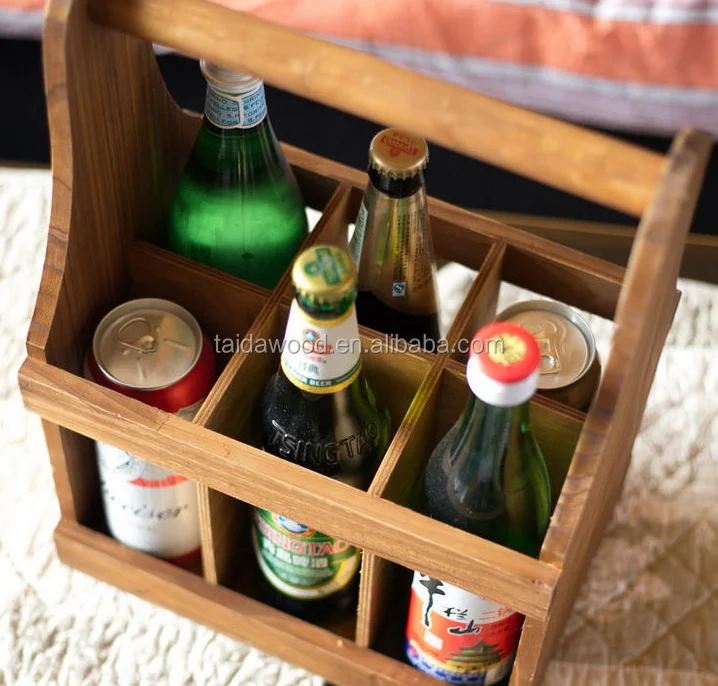 rustic wooden beer bottle glass carrier