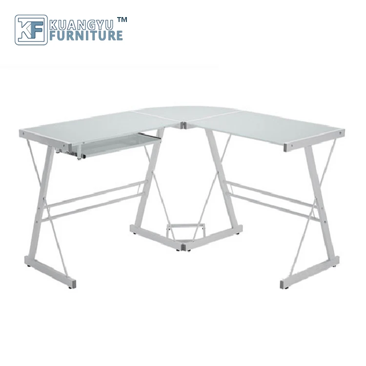 Mail order packing L-Shaped Computer Desk in White Finish ,Glass metal computer desk