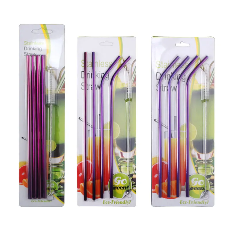 Eco-friendly reusable metal drinking straw stainless steel straw set with brush in blister card packing/215*6mm(20oz)