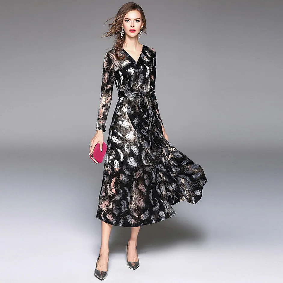 Ladies V Neck Mesh Long Sleeve Belted Boutique Flocked Embellished Tunic Dress