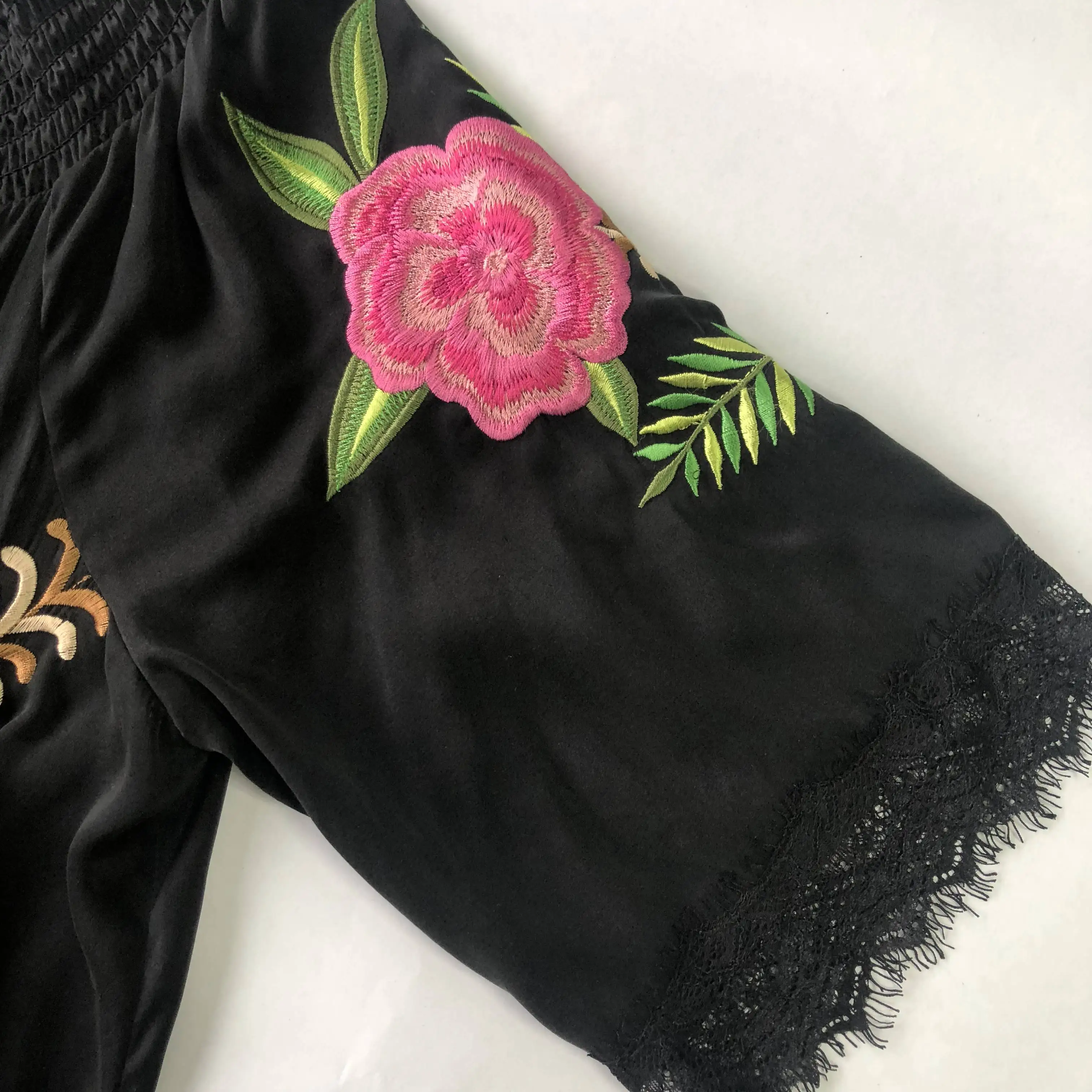 16mm Silk Stretch Satin Stone Washed Front Embroidery Short Sleeve Graceful Skirts for Women