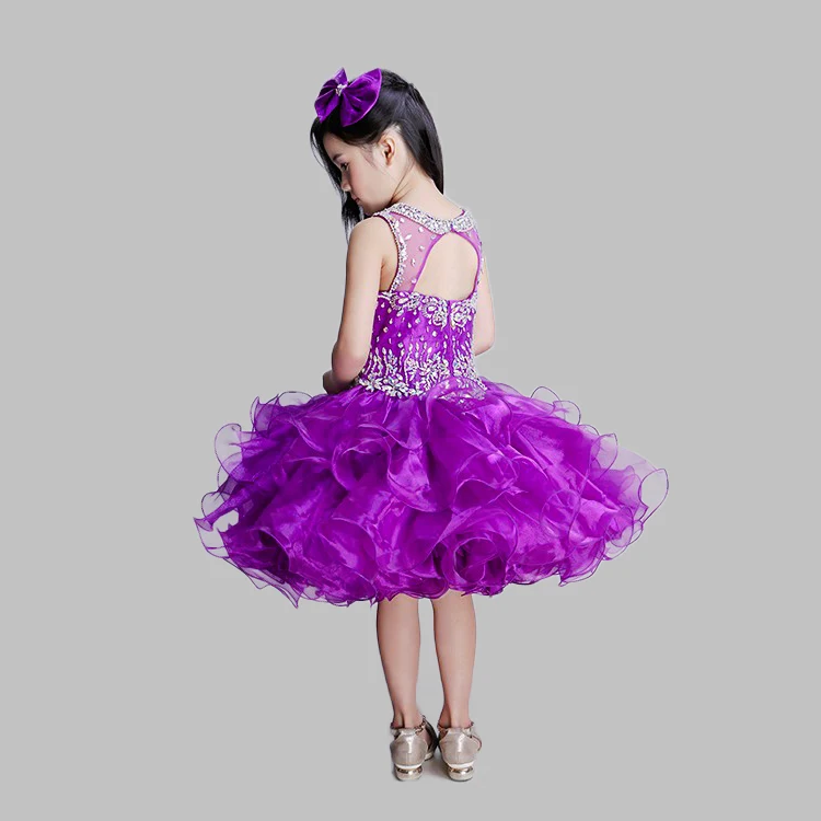 Hot selling organza short child dress summer beaded girls dresses purple