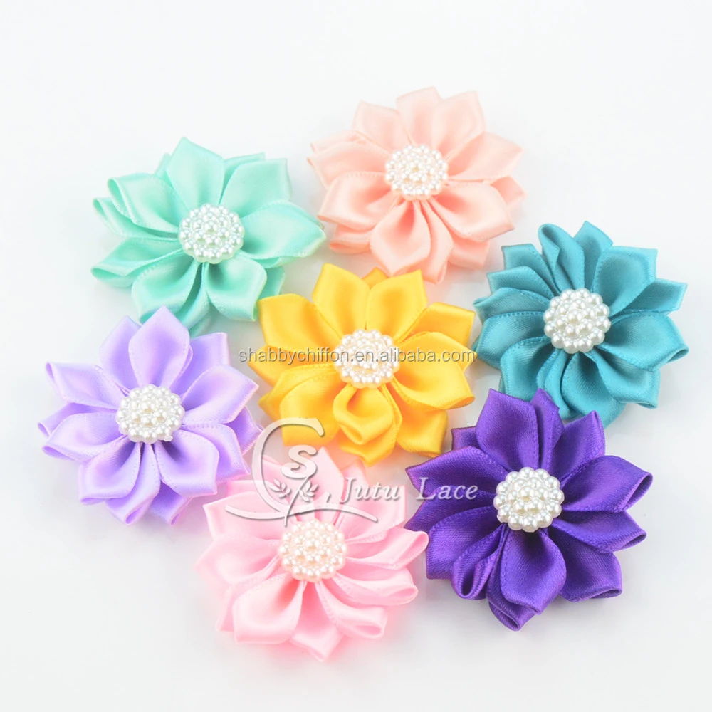 
High quality satin ribbon handmade flowers ,Pearls Center Flower In 4cm fabric sequined beaded flower 