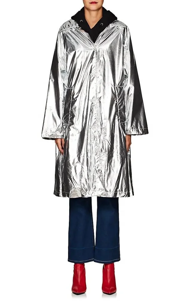 Ladies Jacket Oversized Metallic Trench Long Women Silver Coat