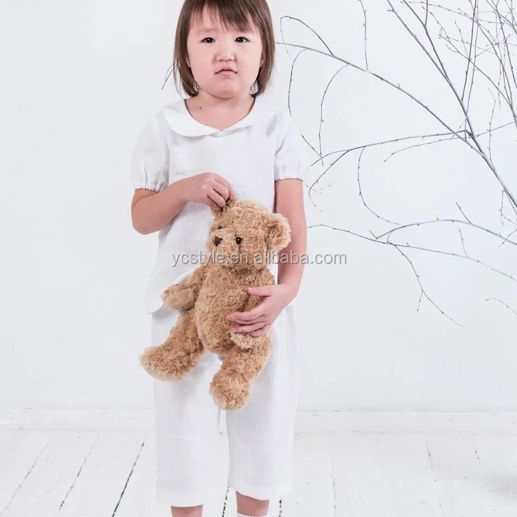 Toddler girls linen peter pan collar top for summer, high quality girls white blouse with puff sleeves top for special occasion