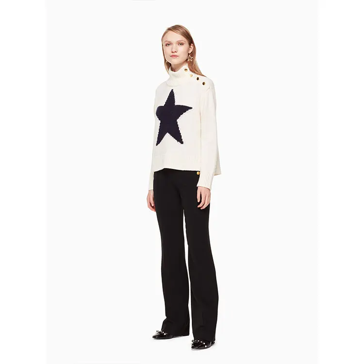 Star print short slim women  turtleneck cashmere sweater with button on the neck