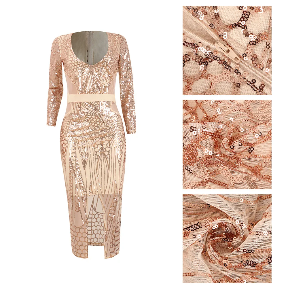 Women Lace Evening Party Sequined Dress Ladies Empire Waist Mid-calf Dress V-Neck Long Sleeve Dresses