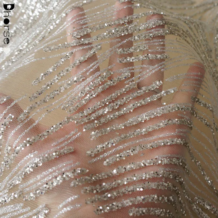 Wholesale sparkling silver sequined tulle lace glitter fabric for curtains