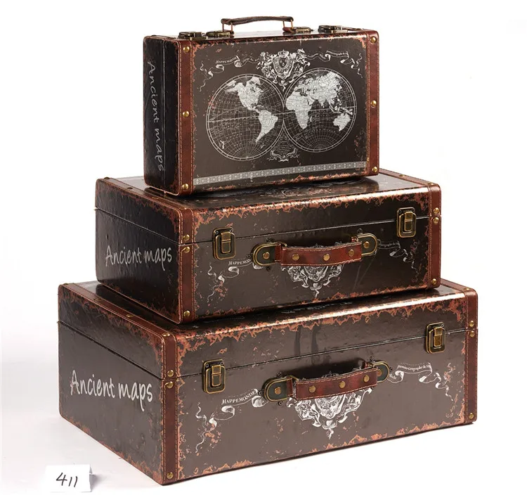 New large decorative craft 3 pieces antique wooden suitcase luggage set